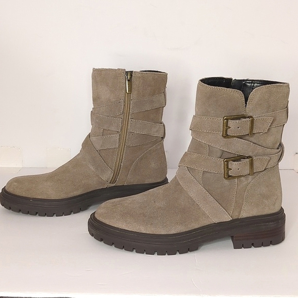 Vince Camuto Tan Suede Combat Moto Boots - Women's Size 8 Buckle Strap Grunge - Picture 3 of 13